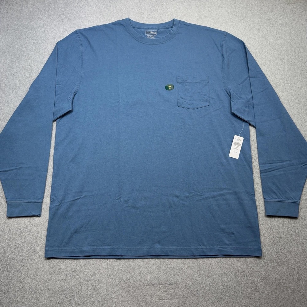 LL Bean Shirt Mens XL Tall Blue Carefree Unshrinkable Pocket Tee Long Sleeve